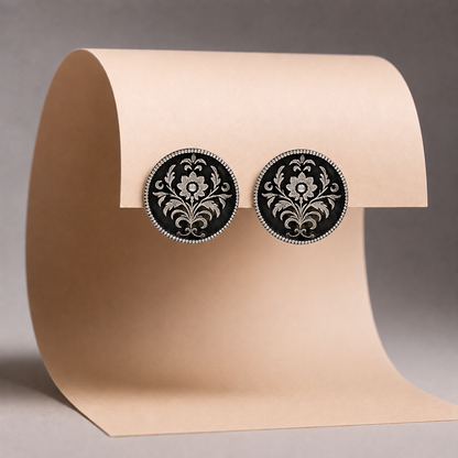 Sangeeta Boochra Handcrafted Oxidised Silver Engraved Floral Stud Earrings