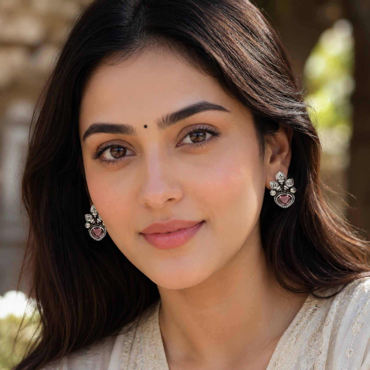 Handcrafted Oxidised Silver Pink Stone Stud Earrings | Sangeeta Boochra