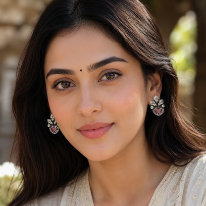 Handcrafted Oxidised Silver Pink Stone Stud Earrings | Sangeeta Boochra