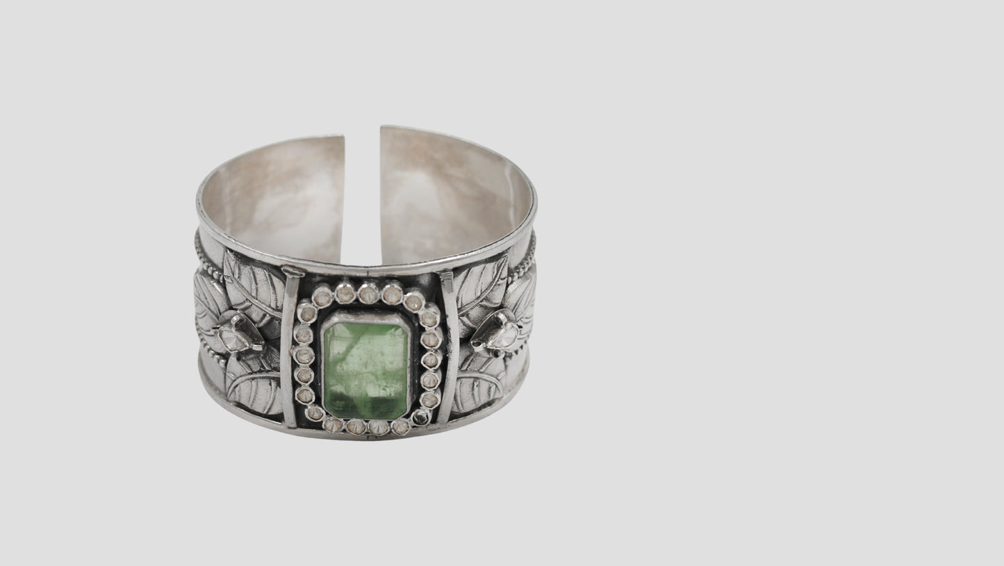 Sangeeta Boochra Artisan Oxidised Silver Cuff with Green Center Stone
