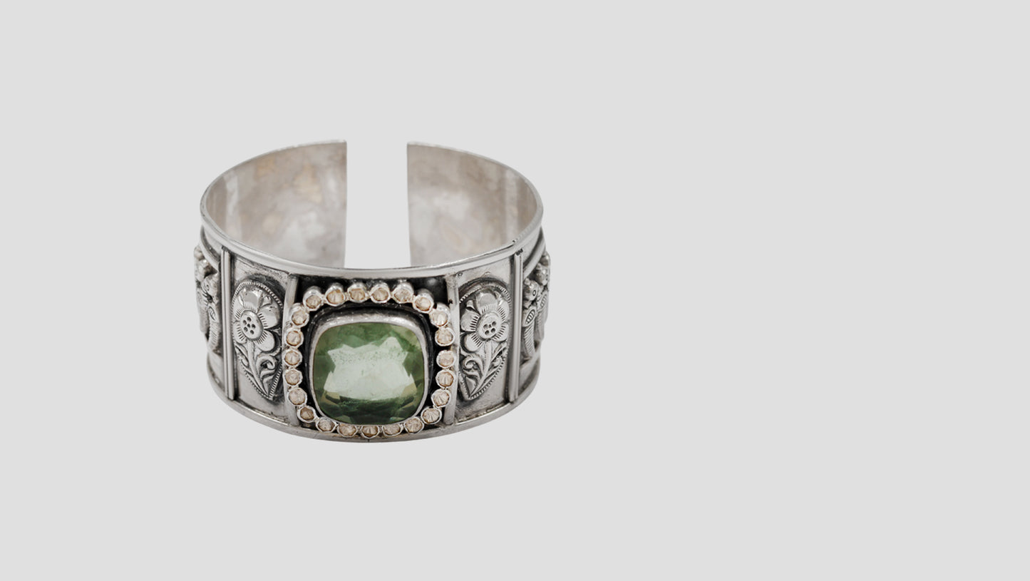 Sangeeta Boochra Green Stone Oxidised Silver Statement Cuff
