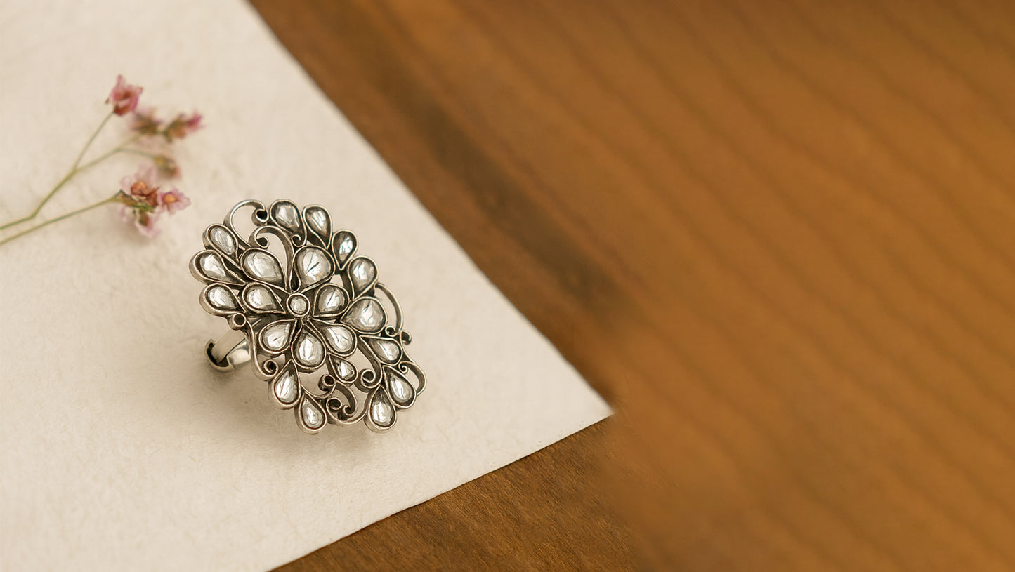 Sangeeta Boochra Sterling Silver Floral Kundan Ring