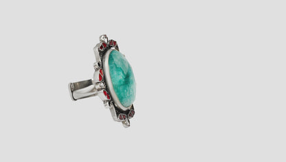 Sangeeta Boochra Statement Silver Ring with Green Stone & Red Detailing