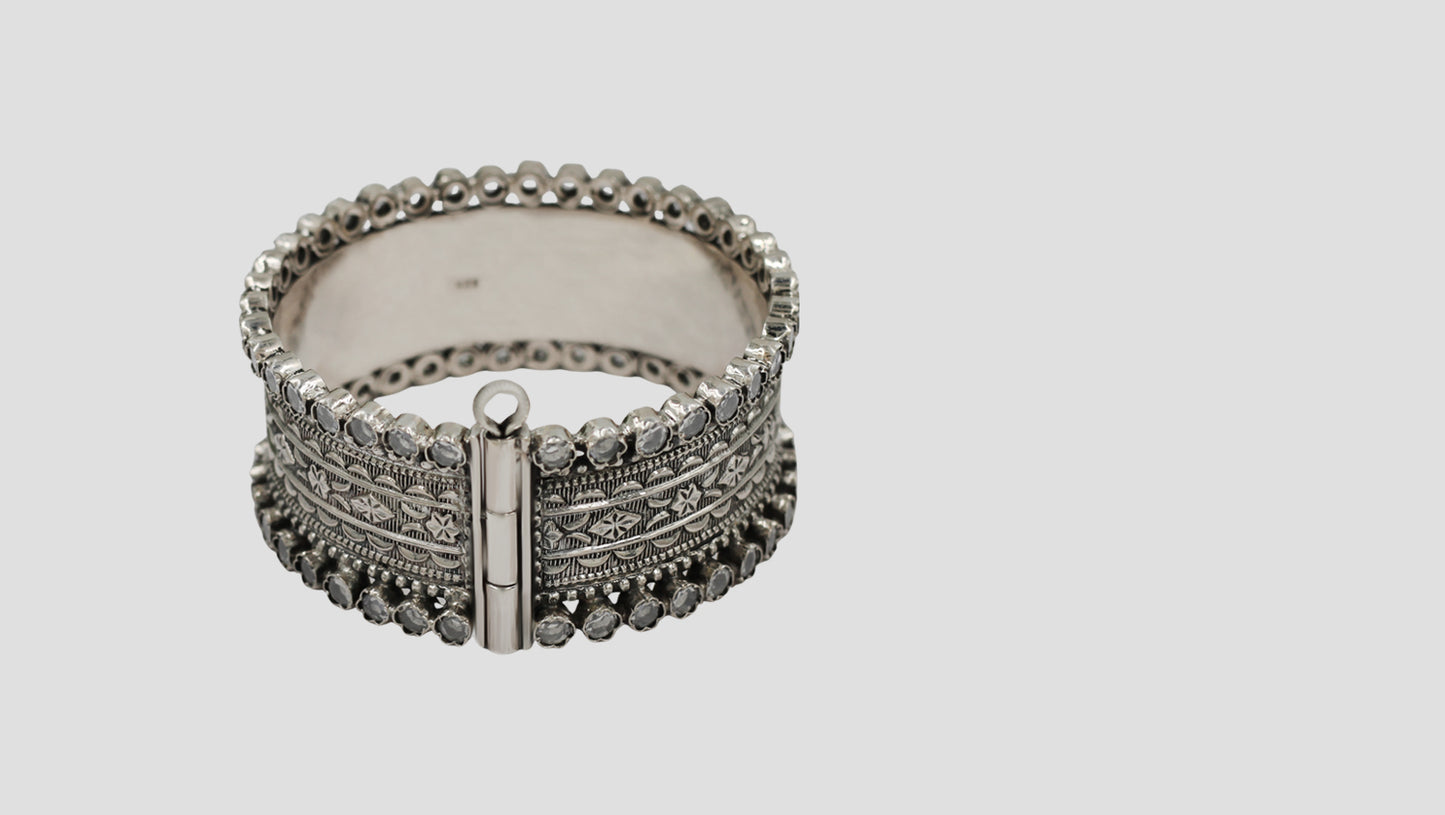 Sangeeta Boochra Handcrafted Oxidised Silver Floral Engraved Hinged Bangle