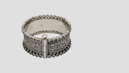 Sangeeta Boochra Handcrafted Oxidised Silver Floral Engraved Hinged Bangle