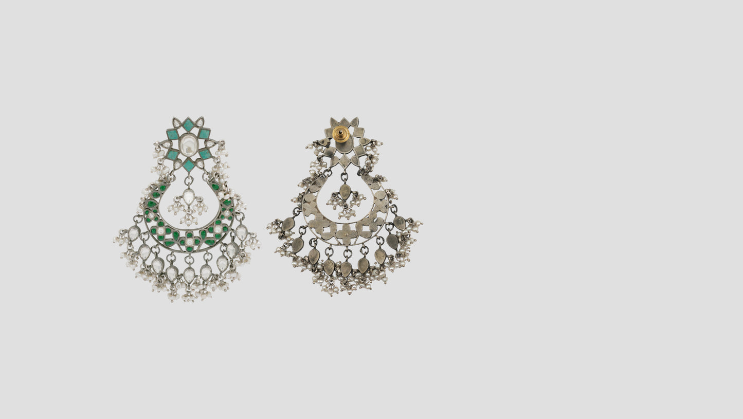 Sangeeta Boochra Heritage Silver Earrings with Kundan & Pearl Detailing