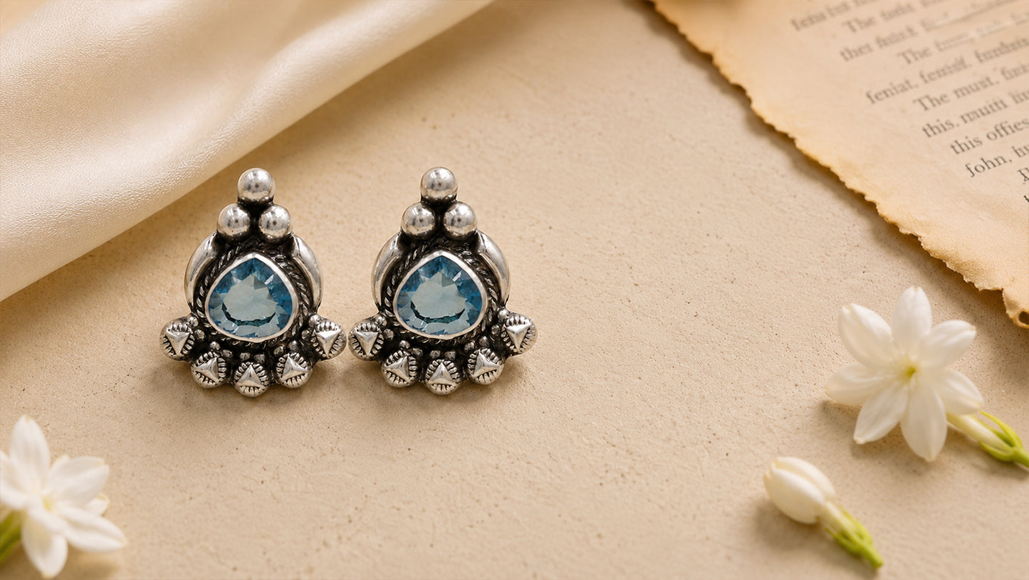 Oxidised Silver Stud Earrings with Sky Blue Teardrop Stone – Sangeeta Boochra