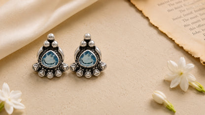 Oxidised Silver Stud Earrings with Sky Blue Teardrop Stone – Sangeeta Boochra