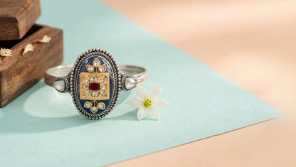 Sangeeta Boochra Silver Statement Bracelet with Blue Stone & Kundan-Inspired Detailing