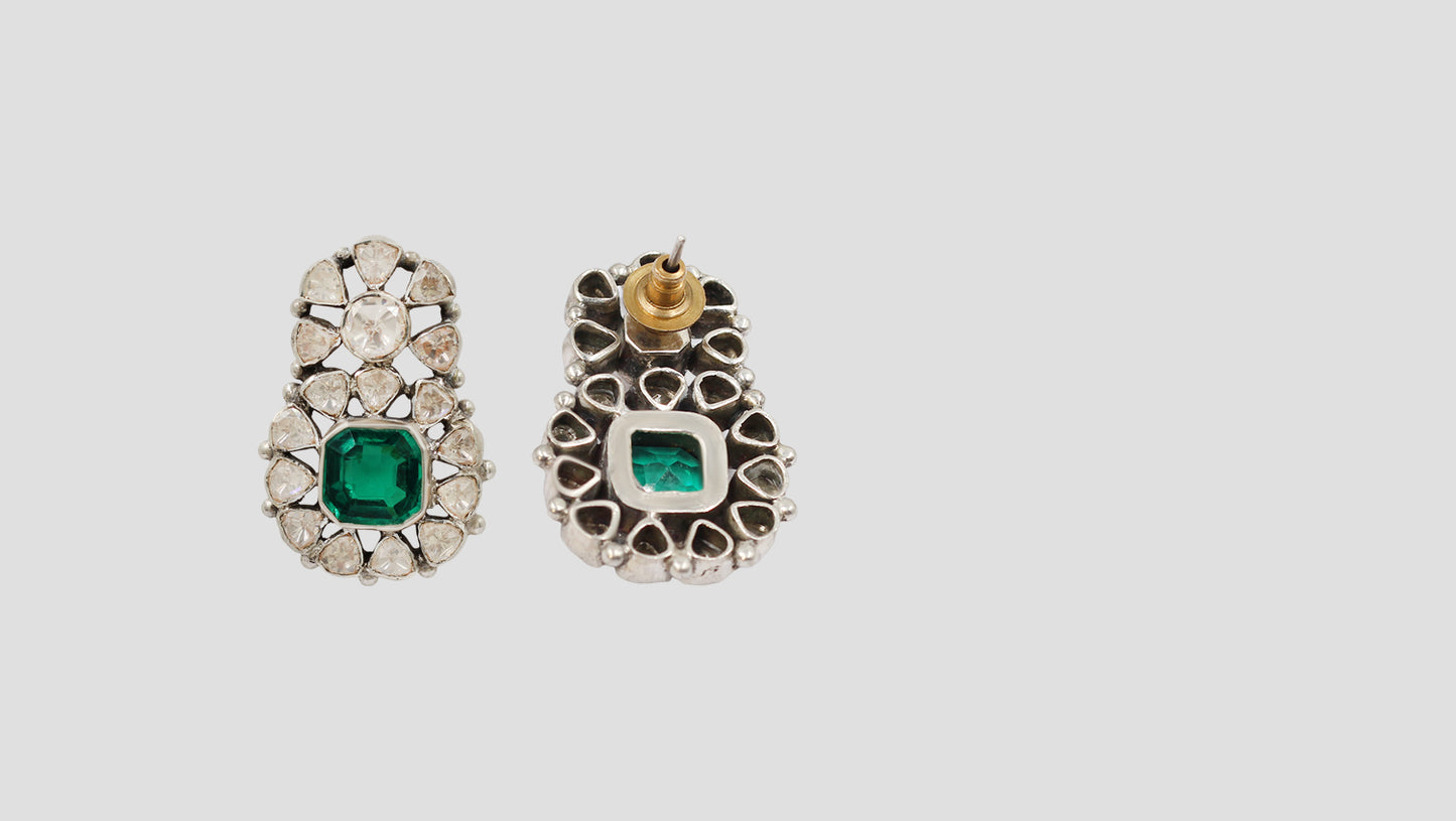 Sangeeta Boochra Polki Silver Earrings with Green Centre Stone