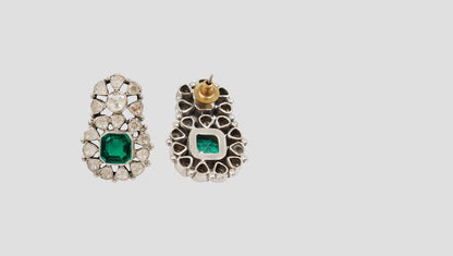Sangeeta Boochra Polki Silver Earrings with Green Centre Stone