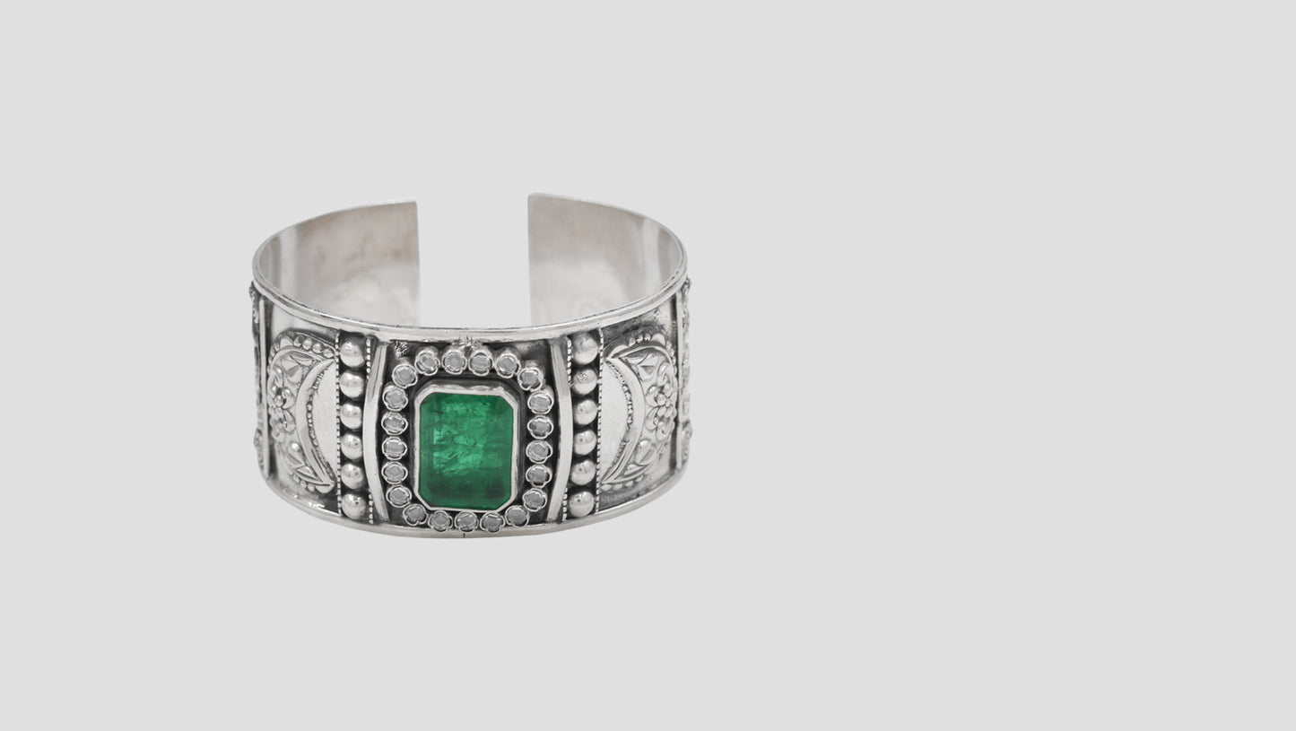 Sangeeta Boochra Classic Silver Hand Cuff with Green Center Stone