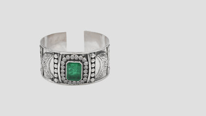 Sangeeta Boochra Classic Silver Hand Cuff with Green Center Stone