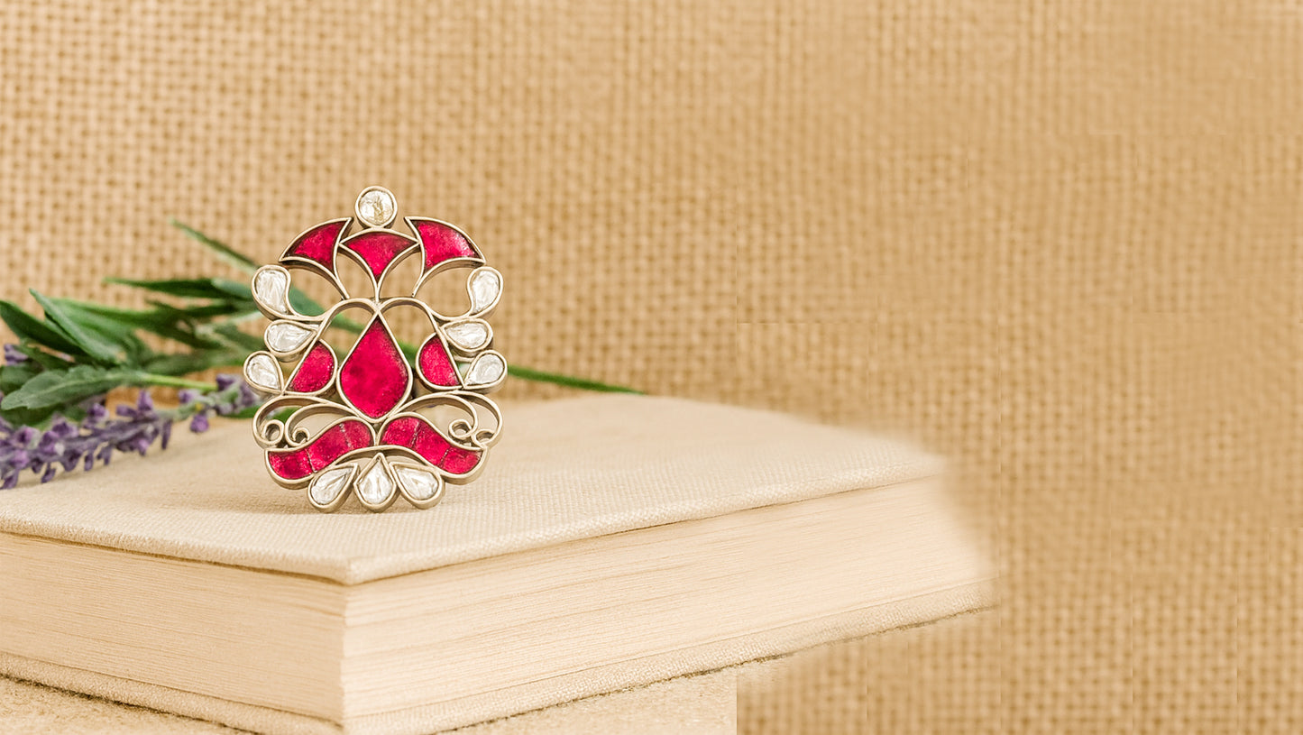 Sangeeta Boochra Silver Ring | Handcrafted with Ruby Red  Accents