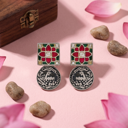 Sangeeta Boochra Floral Kundan Stone Oxidized Silver Earrings