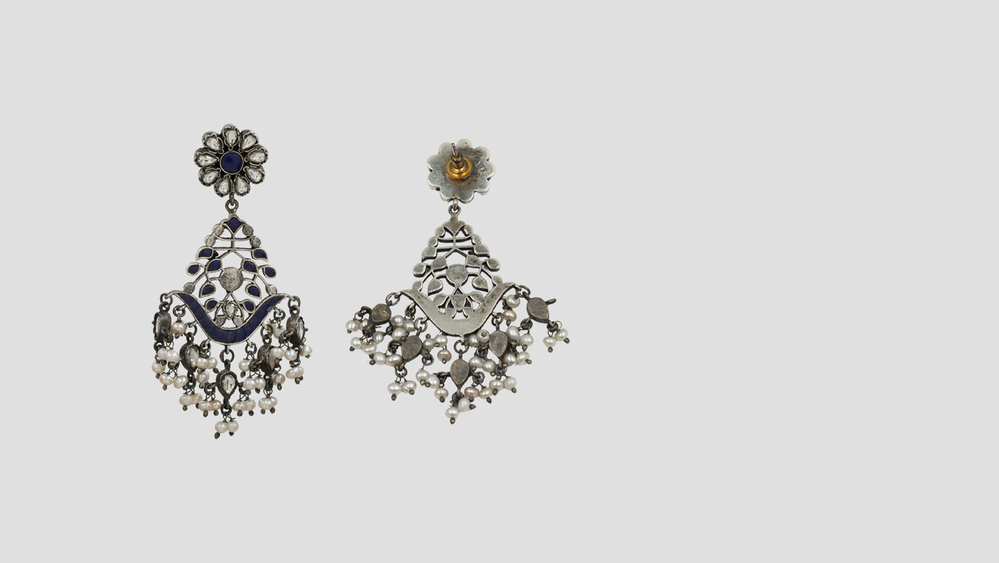 Sangeeta Boochra Blue Enamel Silver Chandbali Earrings