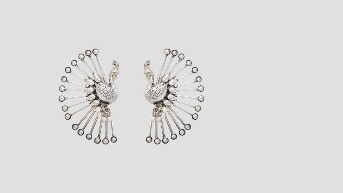 Sangeeta Boochra Pearl Accent Silver Peacock Earrings