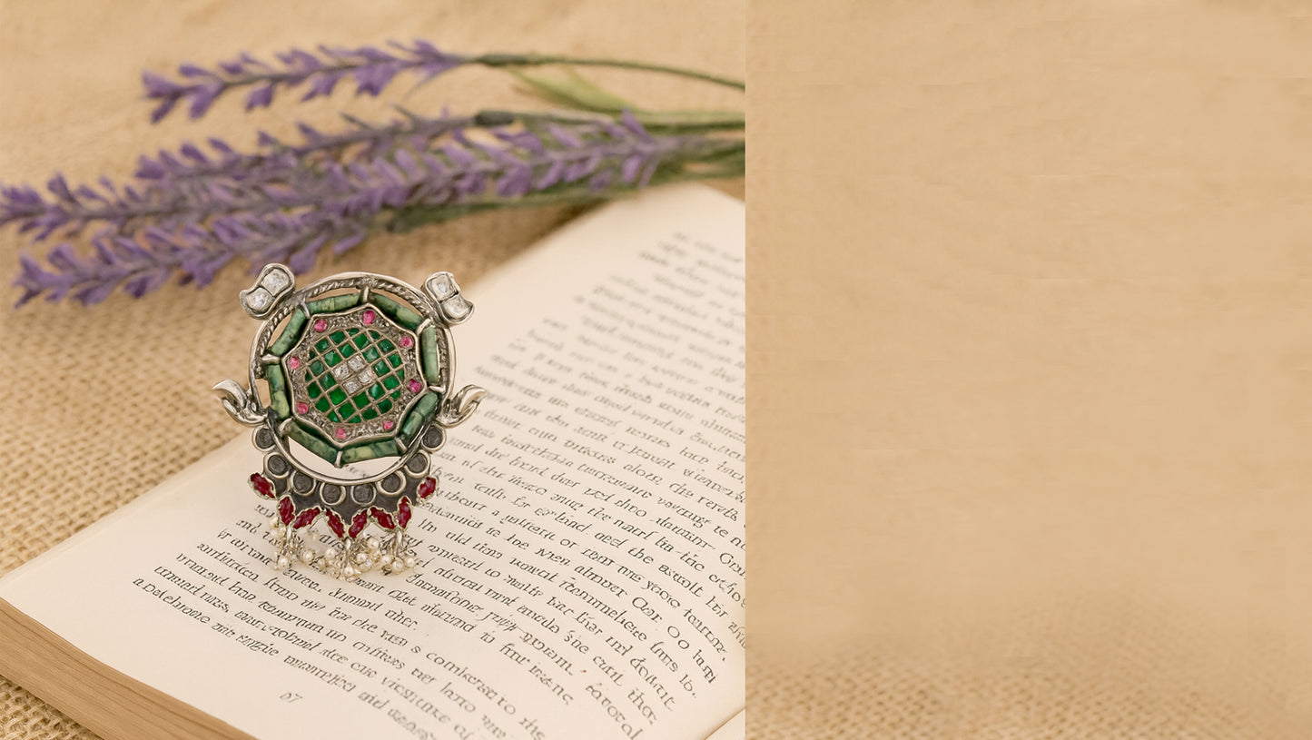 Sangeeta Boochra Handcrafted Silver Kundan Statement Ring