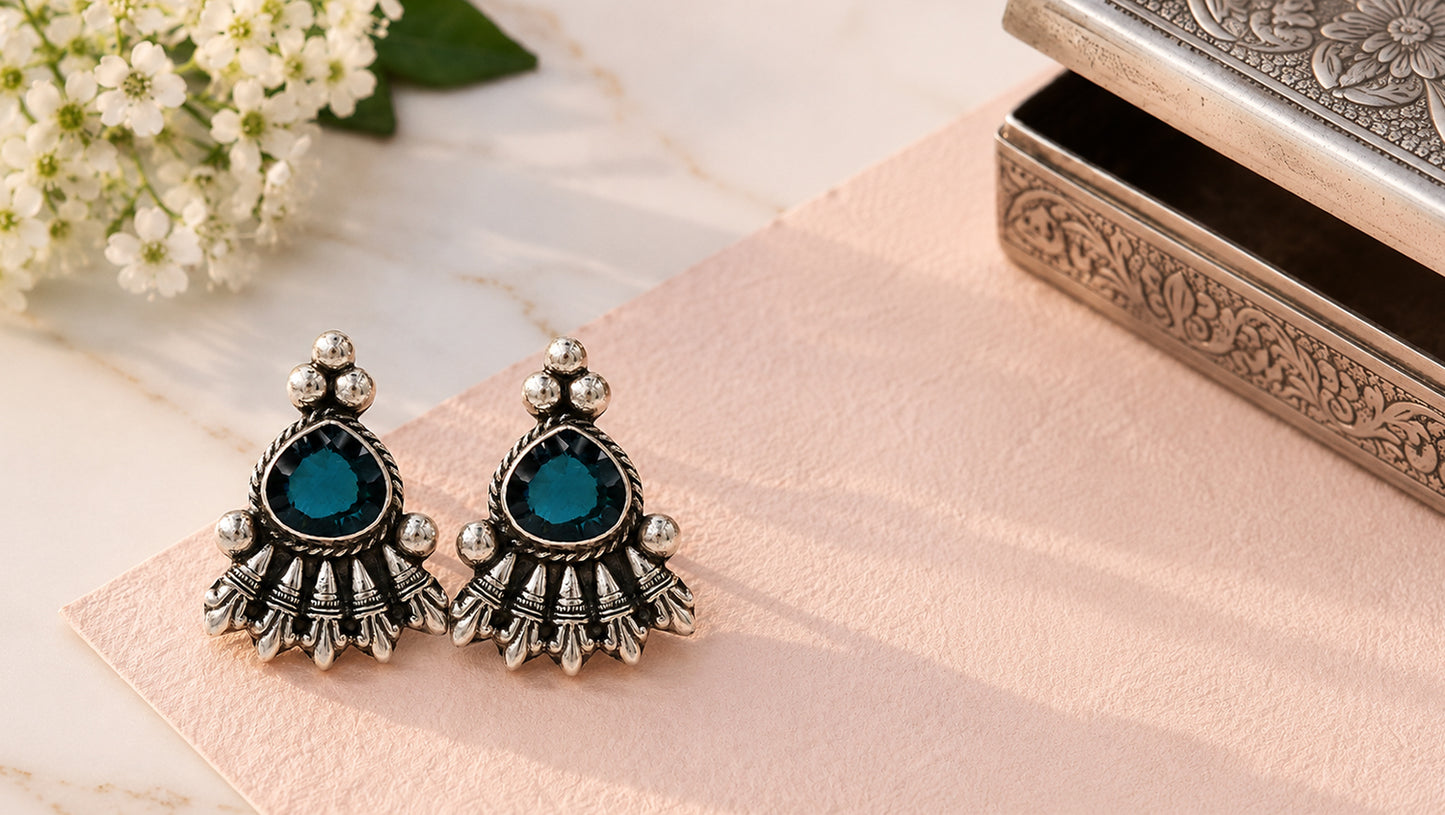 Handcrafted Oxidised Silver Blue Stone Stud Earrings | Sangeeta Boochra