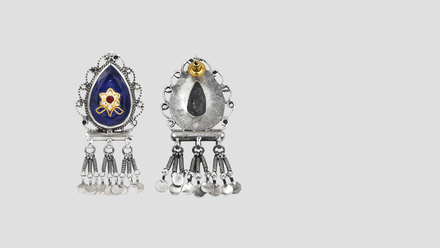 Floral Motif Blue Teardrop Silver Earrings – Sangeeta Boochra