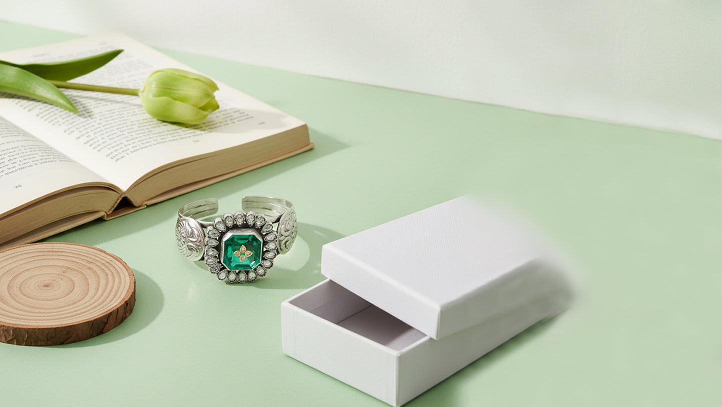 Sangeeta Boochra Royal Emerald Statement Silver Bracelet