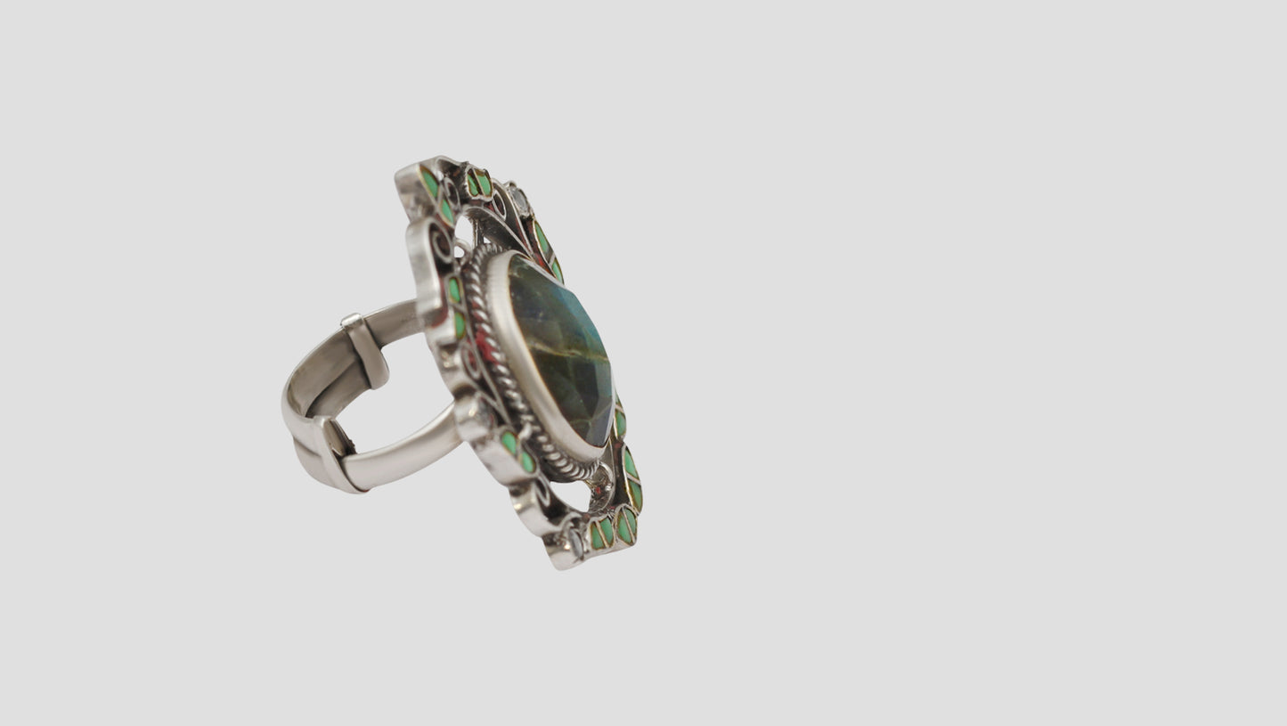 Sangeeta Boochra Mystic Labradorite & Green Stone Silver Ring
