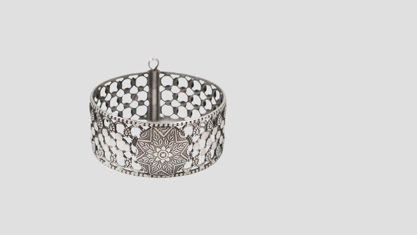 Sangeeta Boochra Traditional Openwork Oxidised Silver Statement Bangle