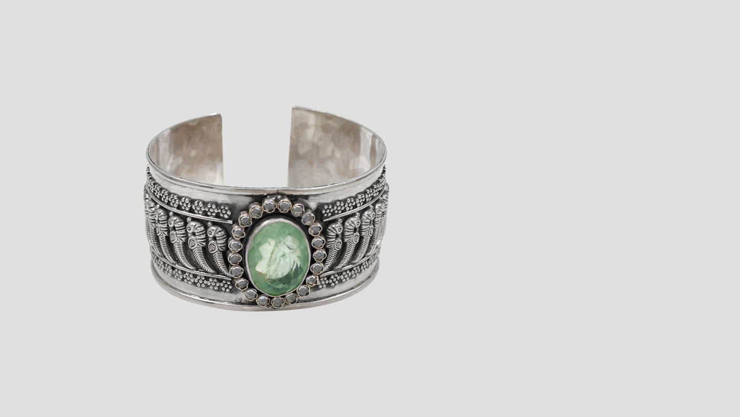 Sangeeta Boochra Heritage Oxidised Silver Cuff with Green Center Stone