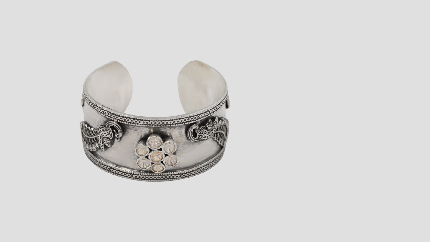 Sangeeta Boochra Peacock Motif Oxidised Silver Statement Cuff