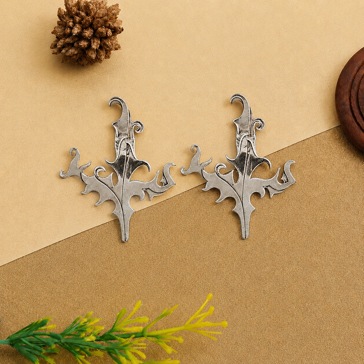 Sangeeta Boochra Handcrafted Oxidised Silver Botanical Statement Earrings