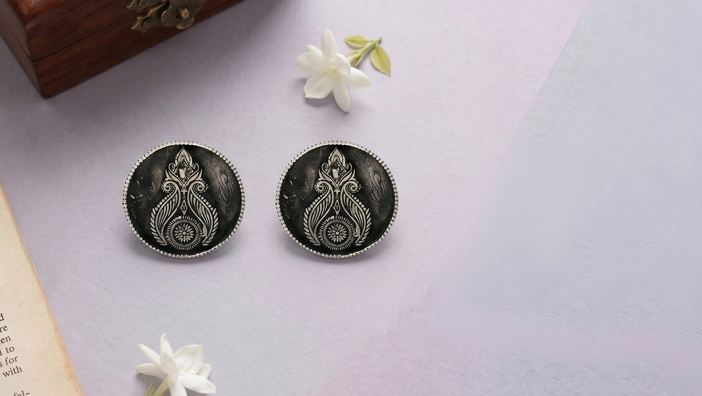 Sangeeta Boochra Heritage Bloom Oxidised Silver Round Stud
