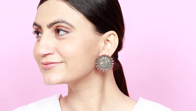 Sangeeta Boochra Tribal Silver Earrings With CZ And Coral