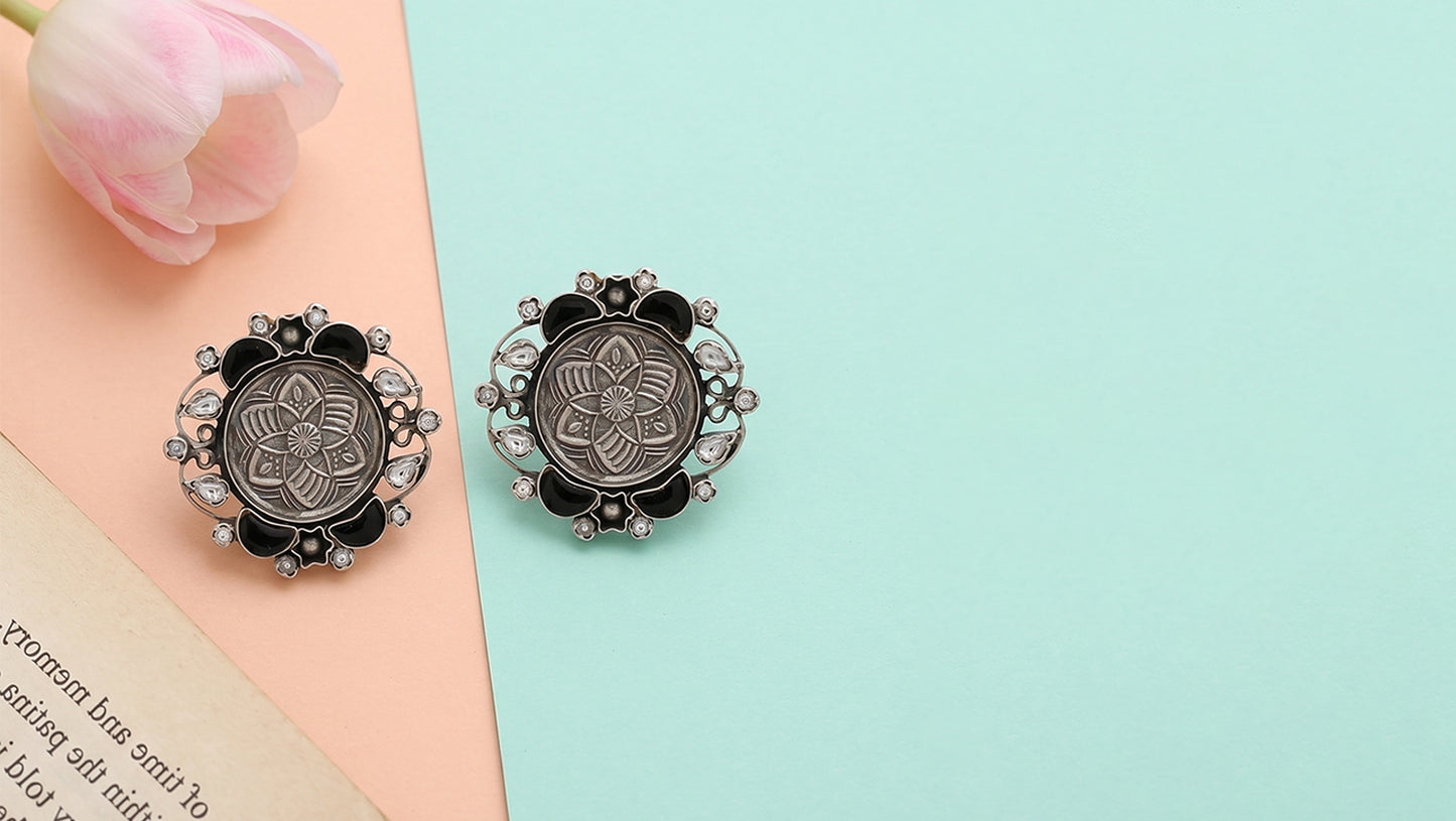 Sangeeta Boochra Artisan Floral Oxidised Silver Earrings with Black Stone