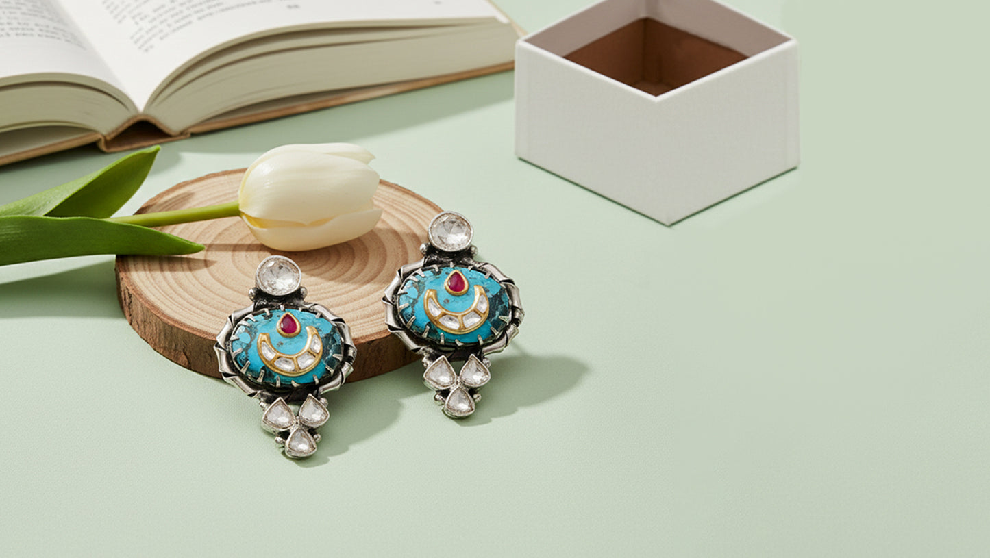 Sangeeta Boochra Handcrafted Silver Earrings with Turquoise Stone
