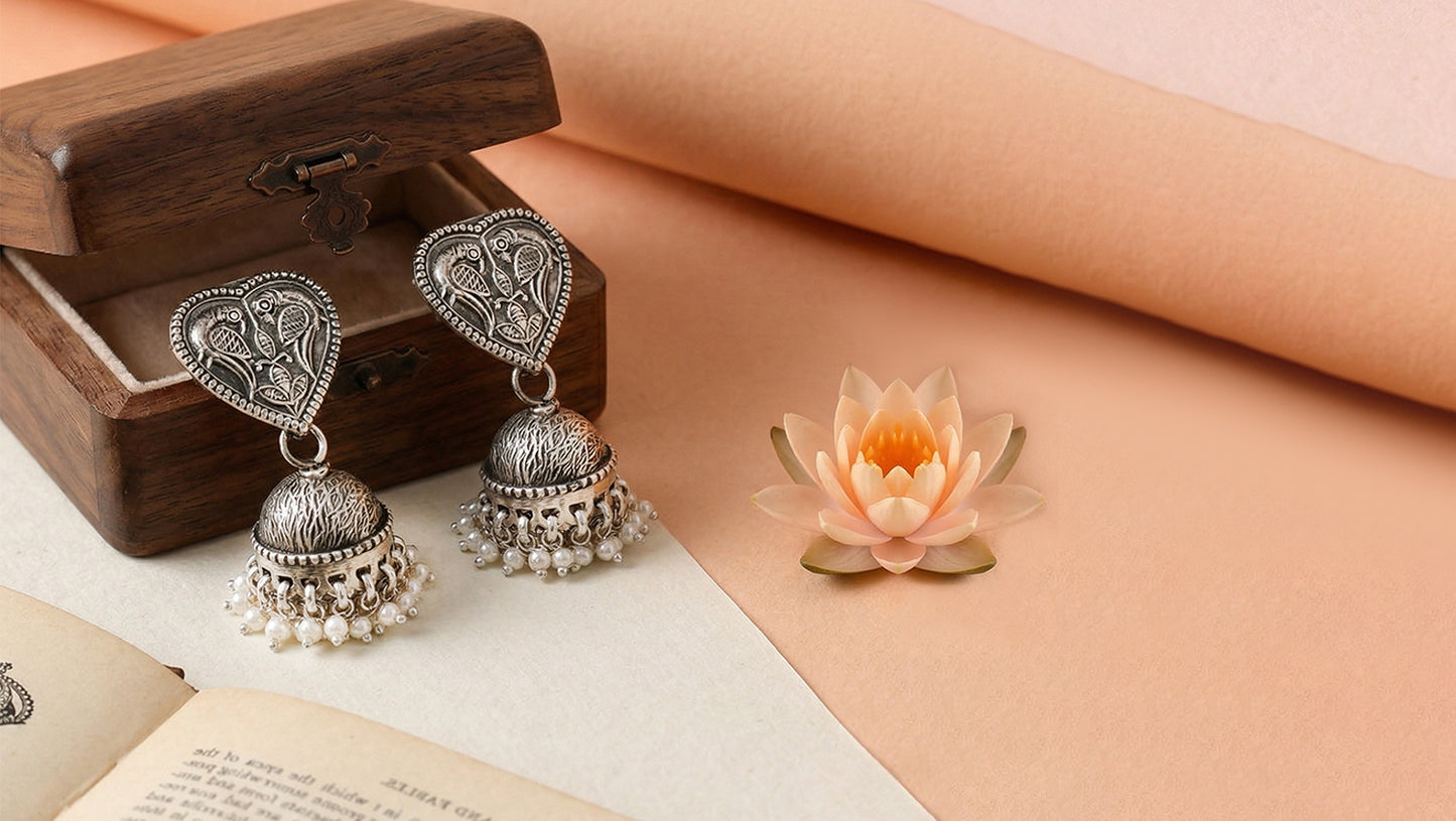 Sangeeta Boochra Handcrafted Peacock Heart Jhumki Earrings in Oxidised Silver