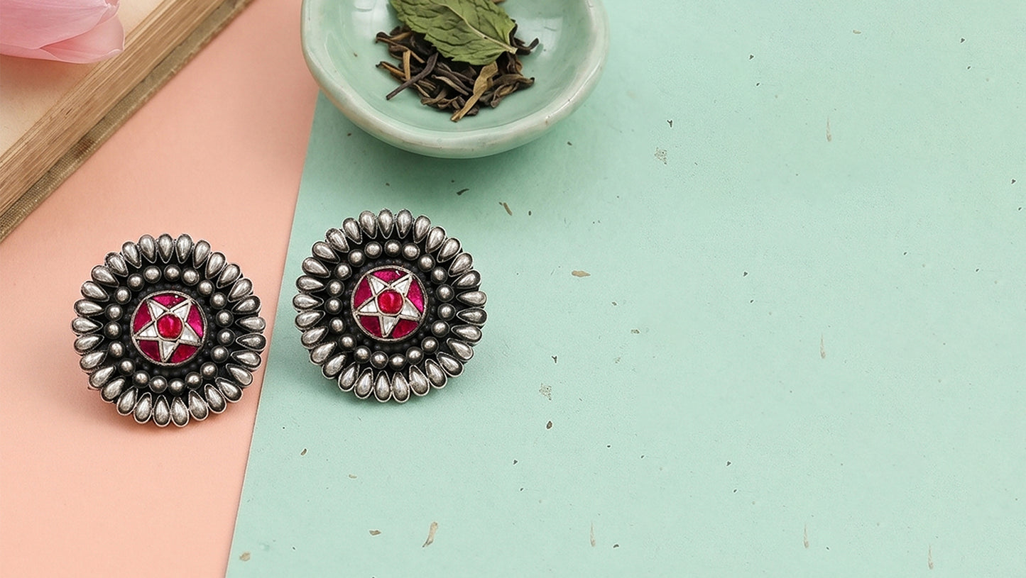 Sangeeta Boochra Artisan Oxidised Silver Earrings with Kundan Detailing