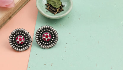 Sangeeta Boochra Artisan Oxidised Silver Earrings with Kundan Detailing