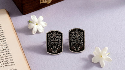 Sangeeta Boochra Oxidised Silver Rectangular Stud Earrings