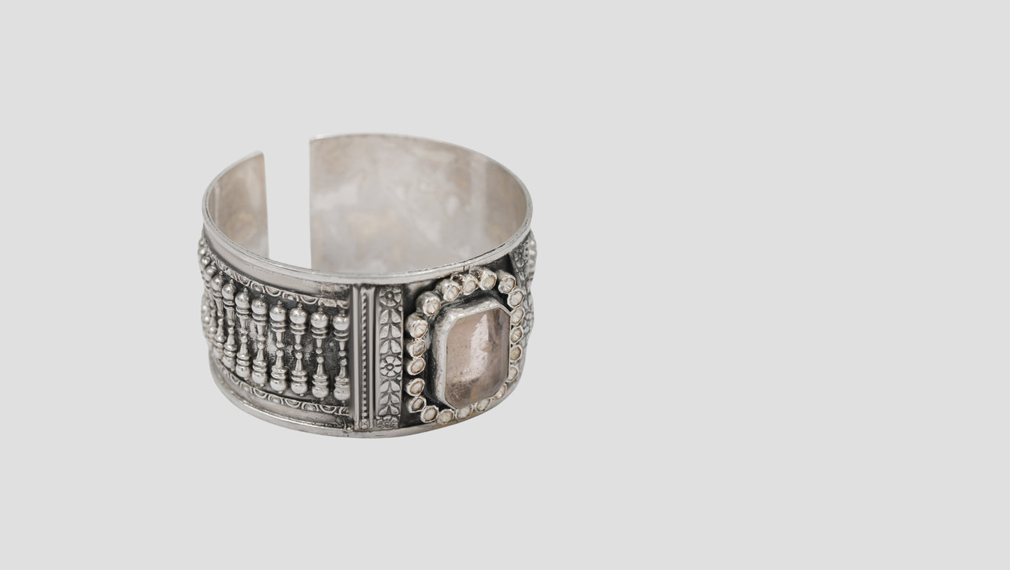 Sangeeta Boochra Vintage Oxidised Silver Hand Cuff with Stone Detailing