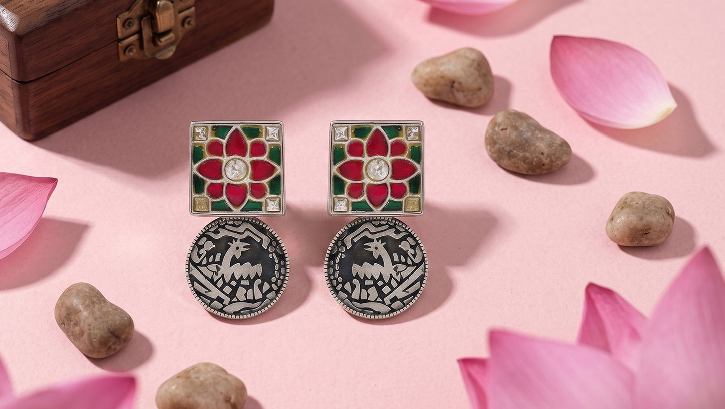Sangeeta Boochra Floral Kundan Stone Oxidized Silver Earrings