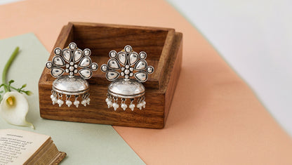 Sangeeta Boochra Floral Motif Silver Jhumka Earrings