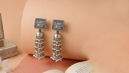 Sangeeta Boochra Vintage Floral Panel Oxidised Silver Drop Earrings