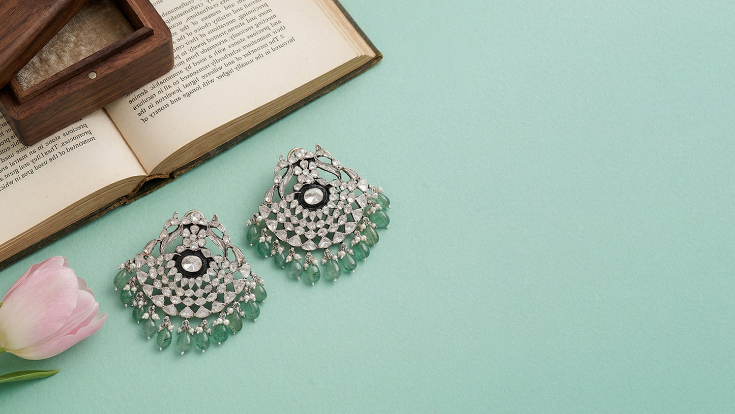 Sangeeta Boochra Heritage Moissanite Chand Earrings with Green Bead Drops