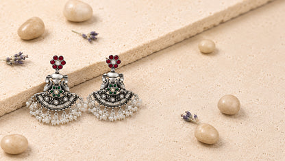 Sangeeta Boochra Handcrafted Sterling Silver Kundan Earrings with Pearl Hangings