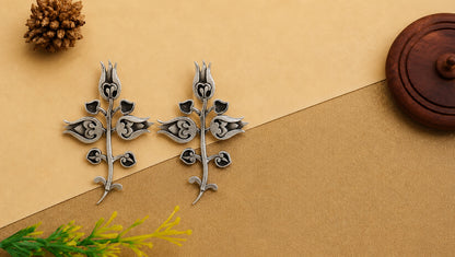 Sangeeta Boochra Oxidised Sterling Silver Floral Stem Statement Earrings