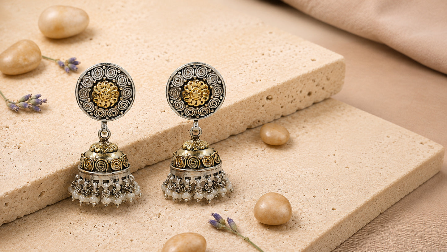 Sangeeta Boochra Dual-Tone Oxidised Jhumka Earrings with Pearl Drops
