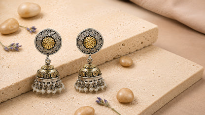 Sangeeta Boochra Dual-Tone Oxidised Jhumka Earrings with Pearl Drops