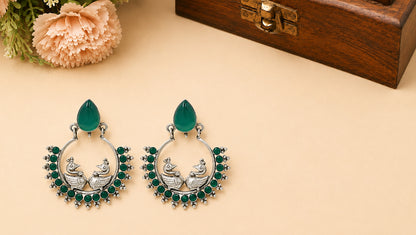 Sangeeta Boochra Designer Peacock Silver Earrings | Green Gemstone Statement Earrings