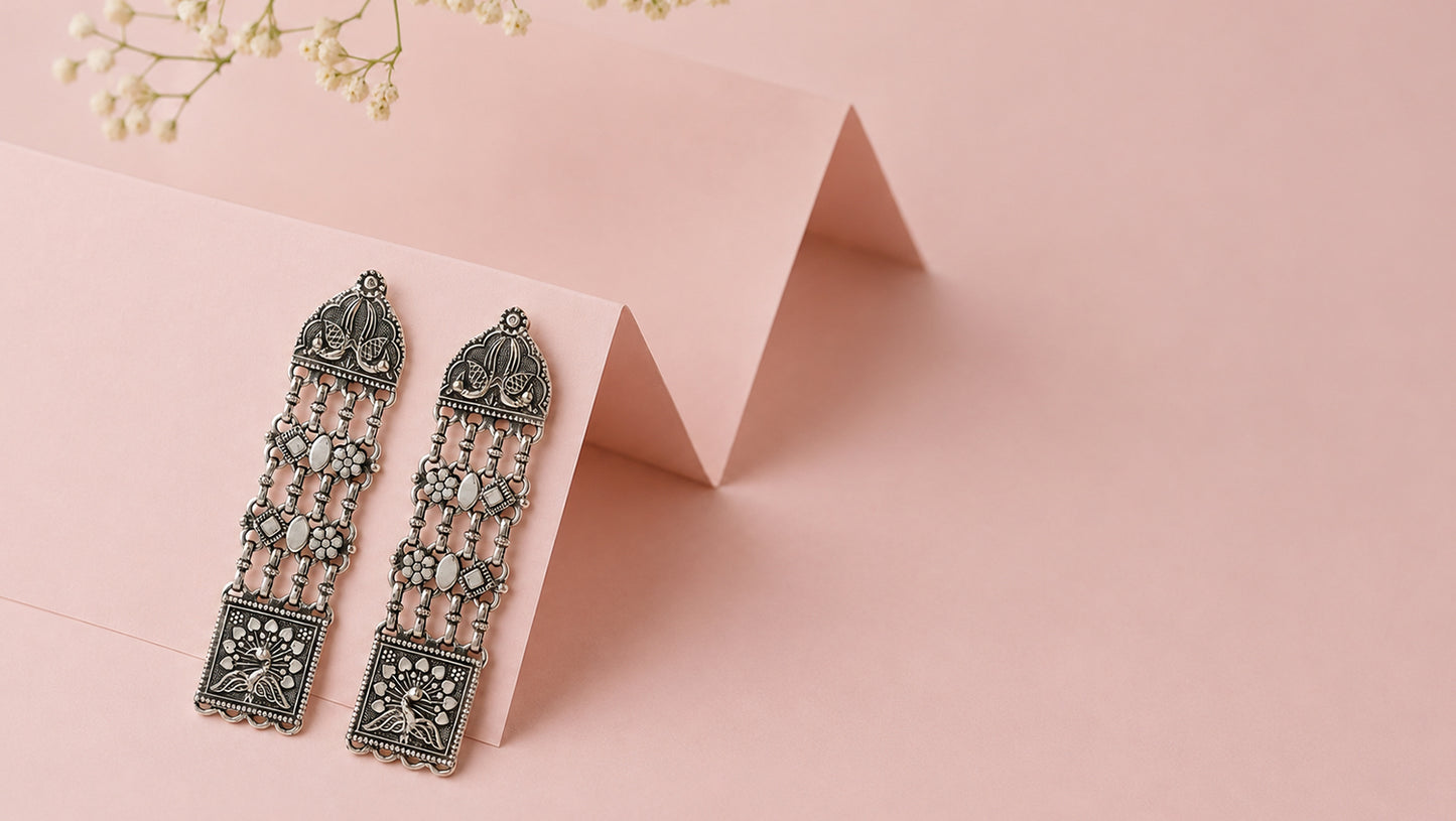 Sangeeta Boochra Handcrafted Oxidised Silver Peacock Motif Long Earrings