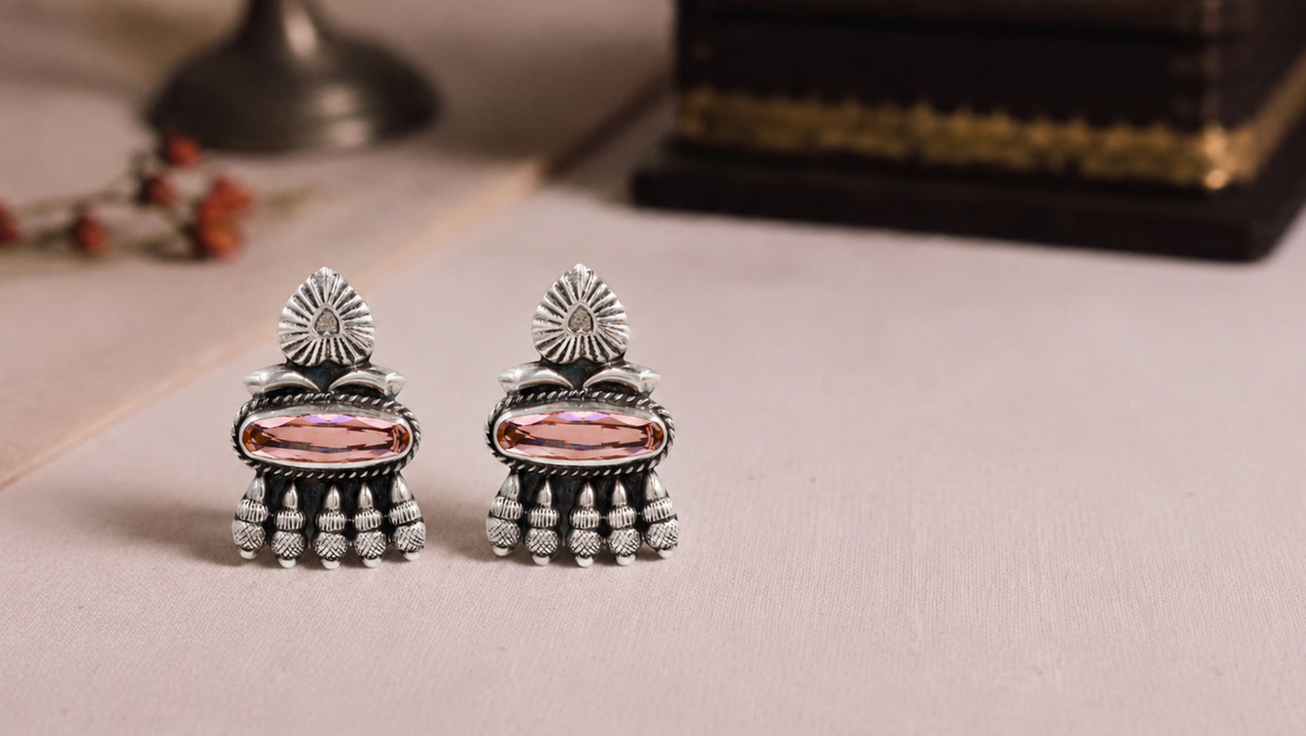 Sangeeta Boochra Premium Handcrafted Oxidised Silver Earrings with Blush Pink Stone